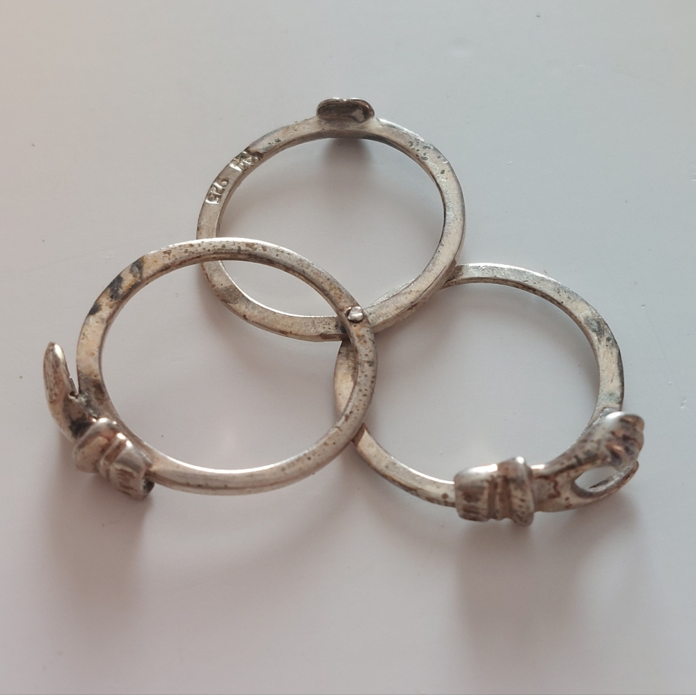 Vtg Rare 925 Sterling Fede Gimmel Clasped Hand Triple Band Bethrothal Ring 7.5 - Picture 4 of 8